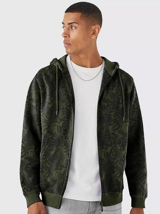 Men's Olive Green Regular Fit Printed Full Sleeve Winterwear Hooded Sweatshirt