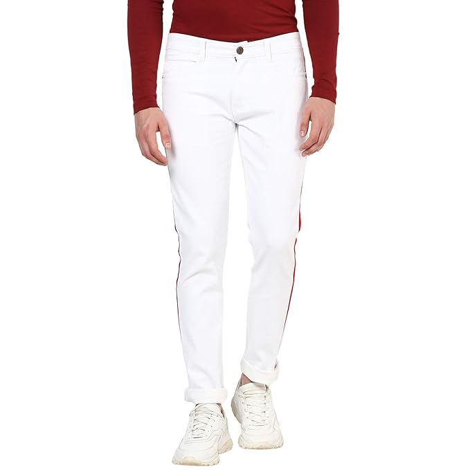 Urbano Fashion Men's White Side Striped Slim Fit Jeans Stretch