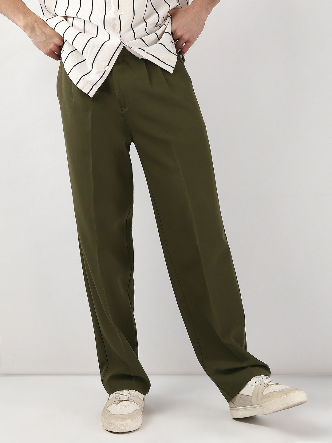 Men's Dark Olive Loose Baggy Fit Solid Korean Trousers Stretchable