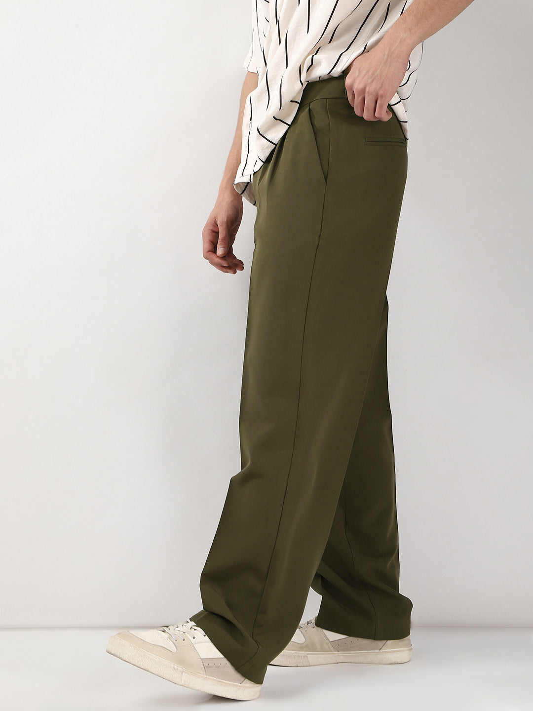Men's Dark Olive Loose Baggy Fit Solid Korean Trousers Stretchable