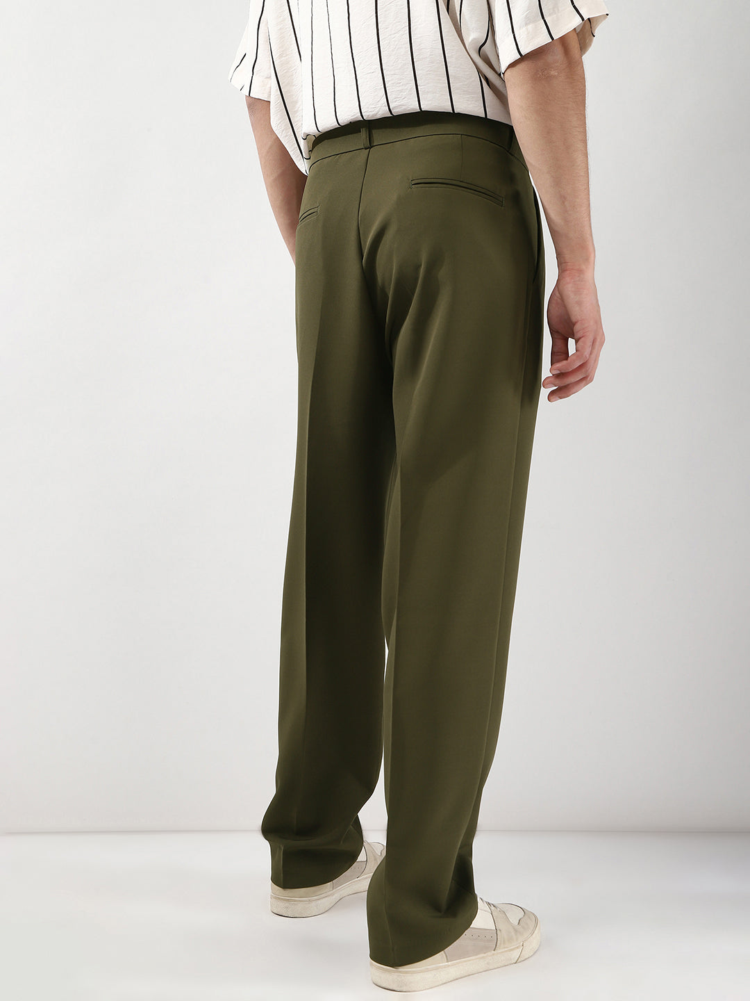 Men's Dark Olive Loose Baggy Fit Solid Korean Trousers Stretchable