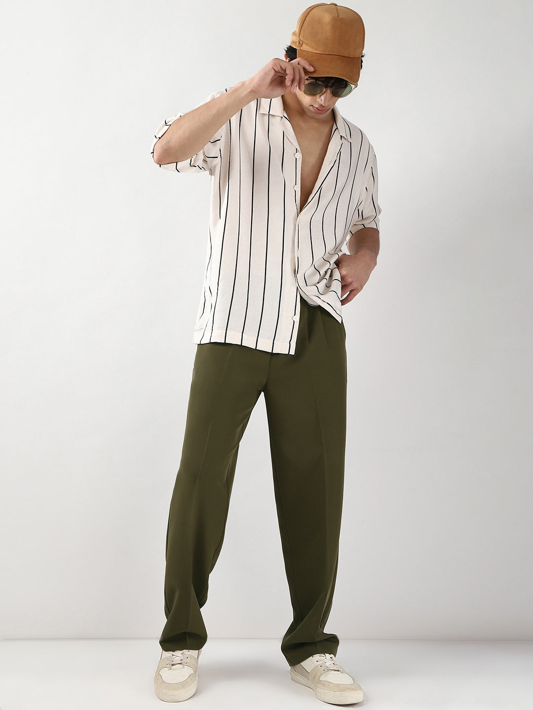 Men's Dark Olive Loose Baggy Fit Solid Korean Trousers Stretchable