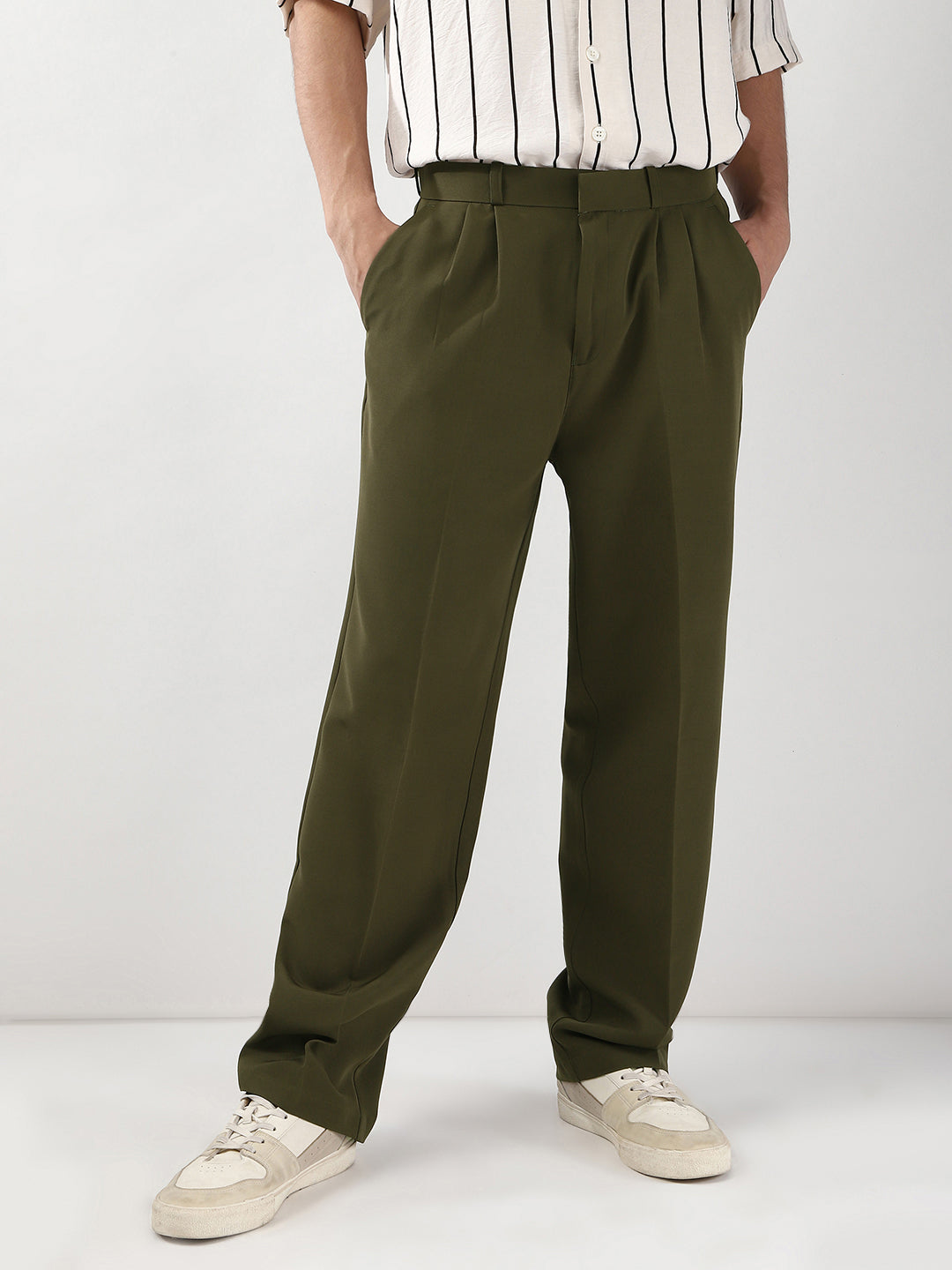 Men's Dark Olive Loose Baggy Fit Solid Korean Trousers Stretchable