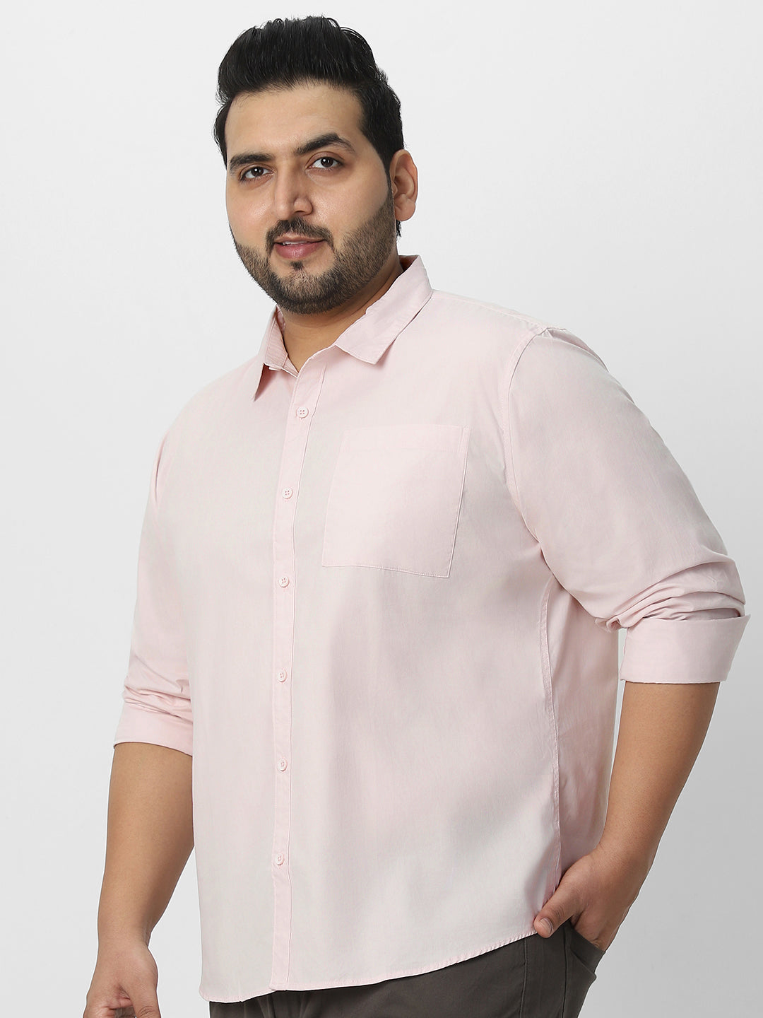 Plus Men's Baby Pink Cotton Full Sleeve Regular Fit Casual Solid Shirt