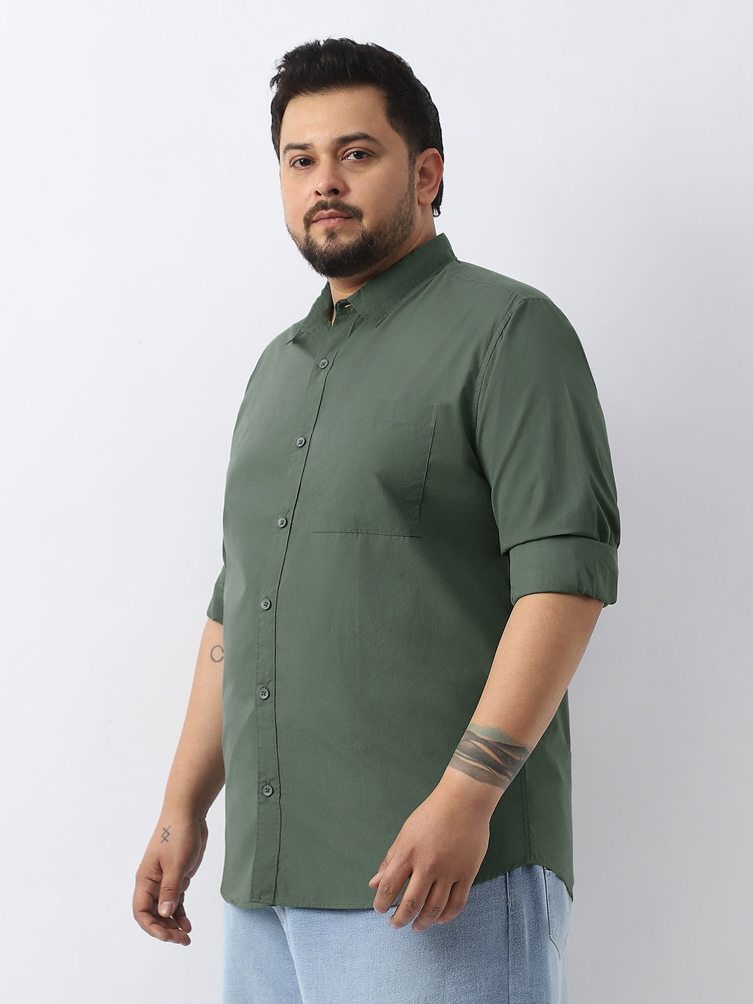 Plus Men's Sage Green Cotton Full Sleeve Regular Fit Casual Solid Shirt
