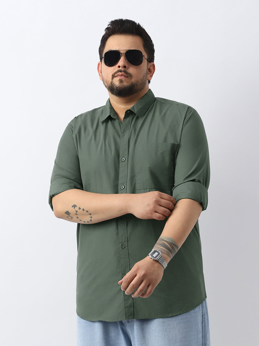 Plus Men's Sage Green Cotton Full Sleeve Regular Fit Casual Solid Shirt