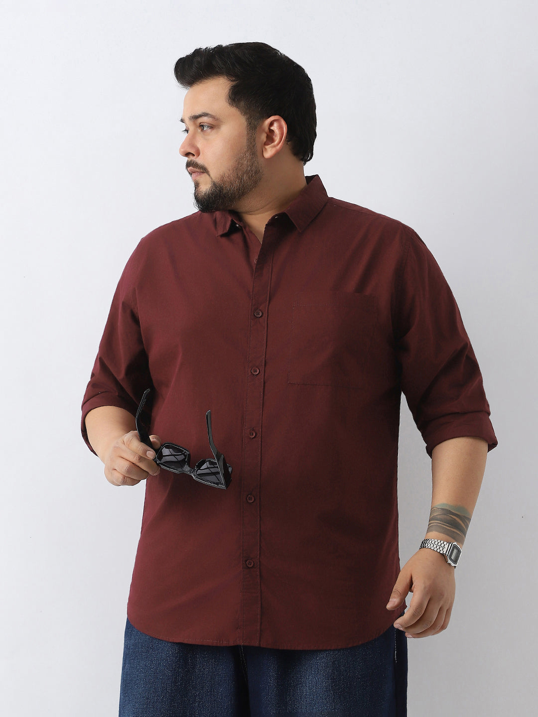 Plus Men's Maroon Cotton Full Sleeve Regular Fit Casual Solid Shirt