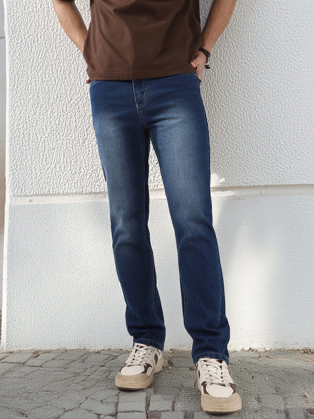 Men's Blue Straight Fit Washed Jeans Stretchable