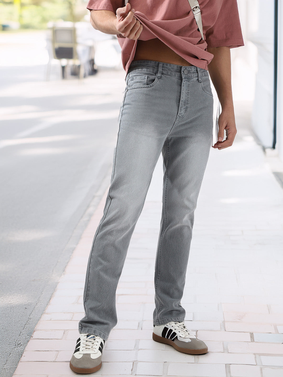 Men's Light Grey Straight Fit Washed Jeans Stretchable
