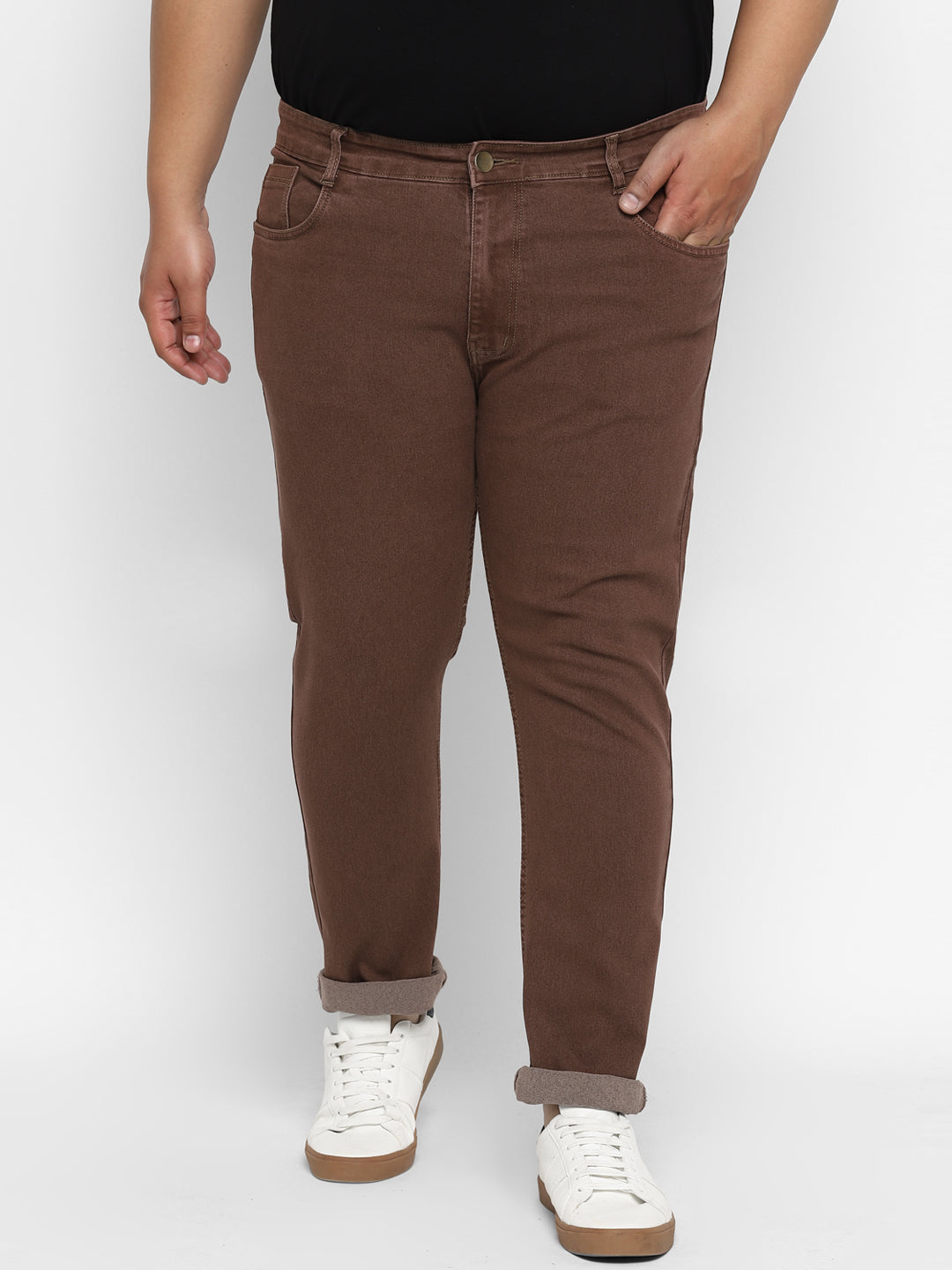 Plus Men's Brown Regular Fit Denim Jeans Stretchable