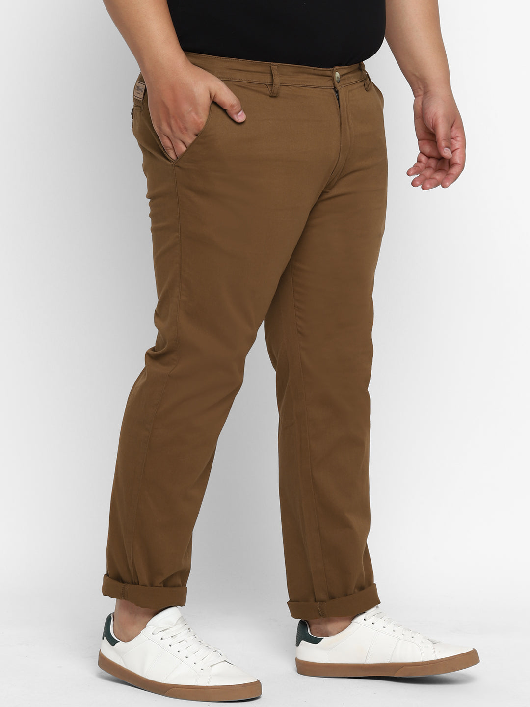 Plus Men's Brown Cotton Regular Fit Casual Chino Pants Stretch