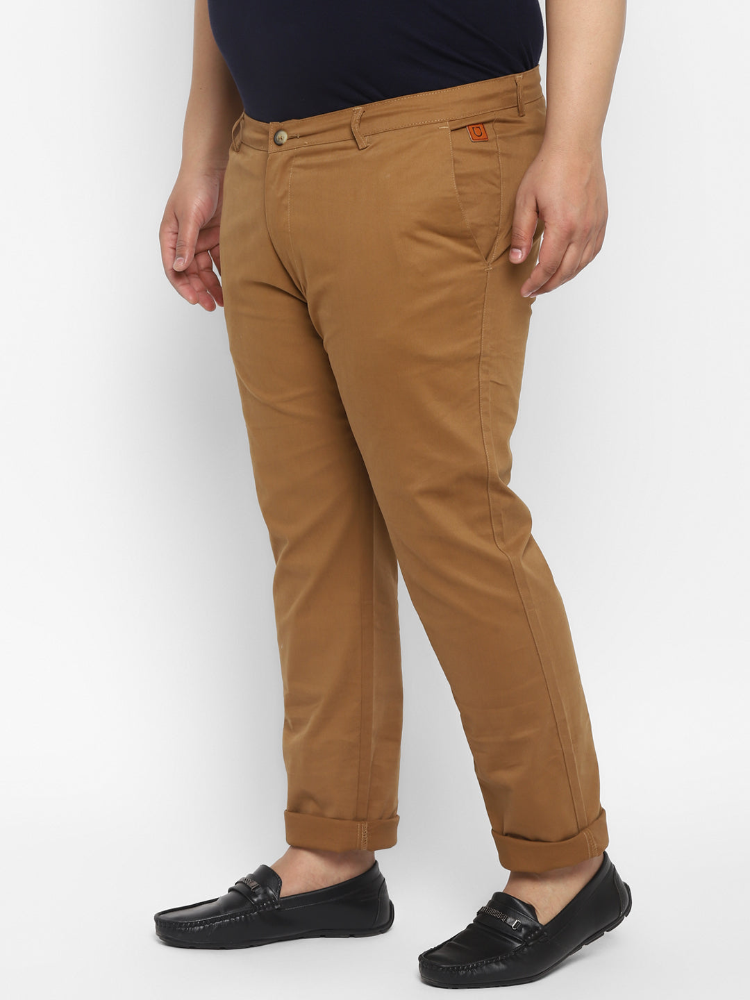 Plus Men's Dark Khaki Cotton Regular Fit Casual Chinos Trousers Stretch