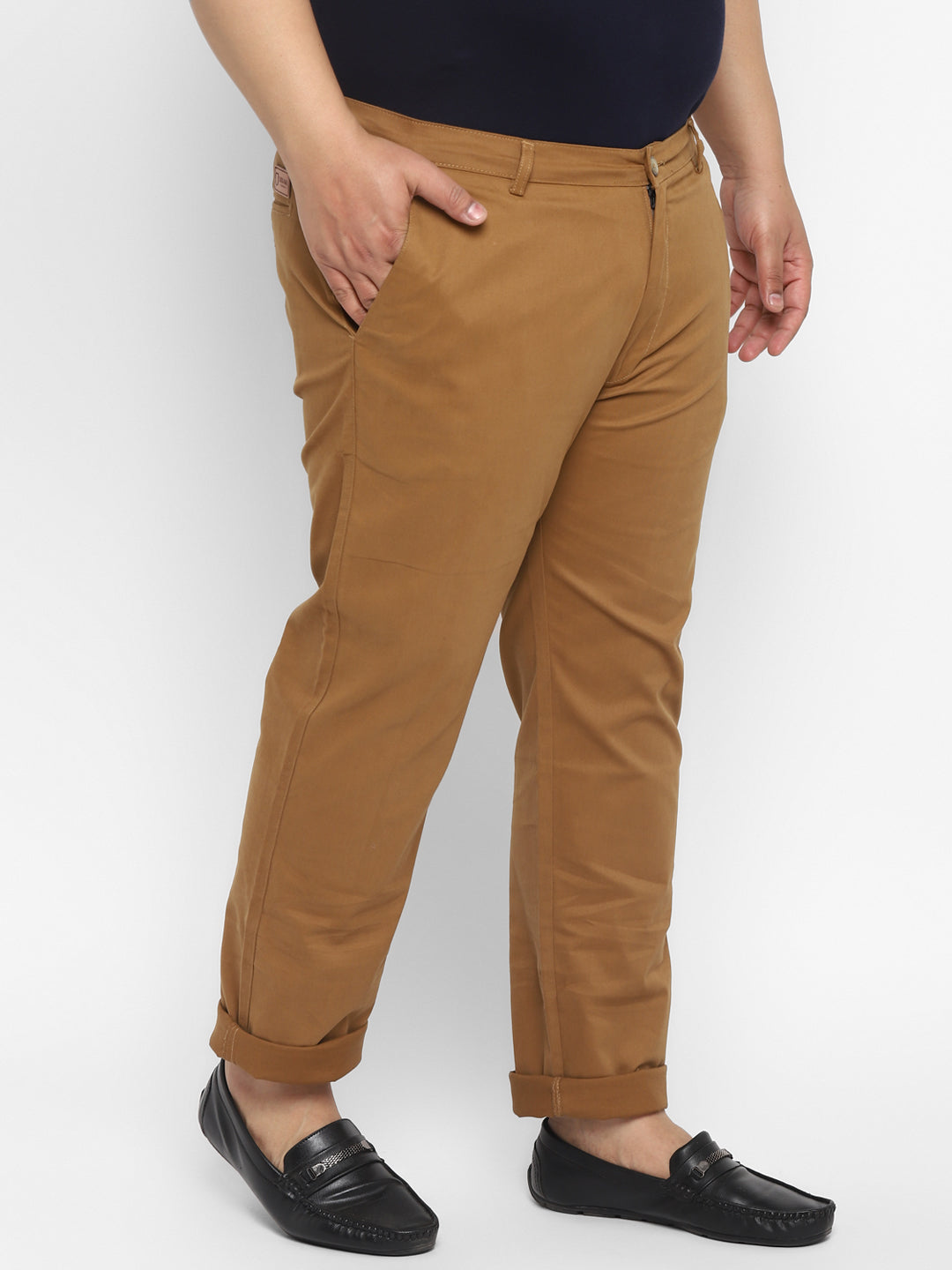Plus Men's Dark Khaki Cotton Regular Fit Casual Chinos Trousers Stretch