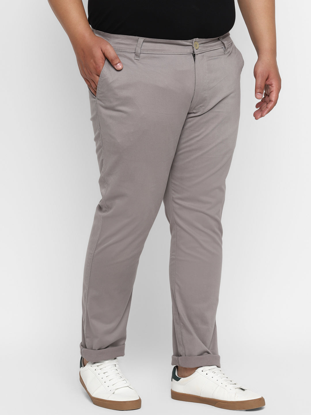 Plus Men's Grey Cotton Regular Fit Casual Chinos Trousers Stretch