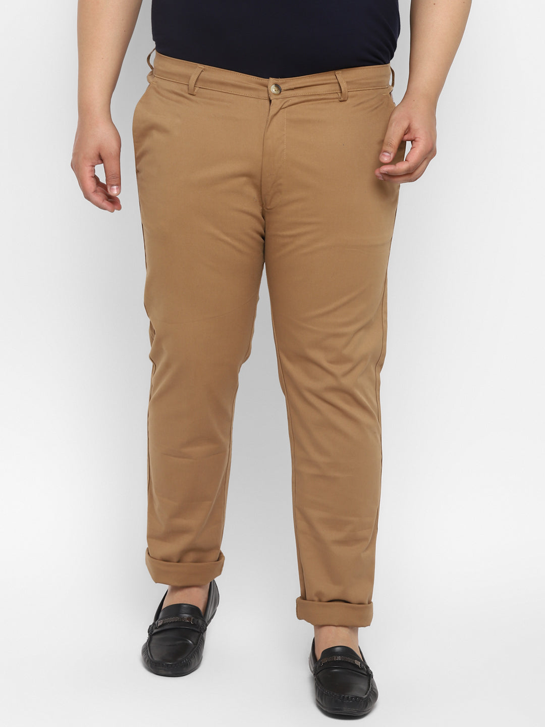 Plus Men's Khaki Cotton Regular Fit Casual Chinos Trousers Stretch