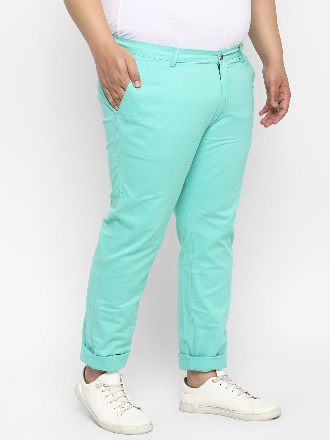 Plus Men's Teal Green Cotton Regular Fit Casual Chinos Trousers Stretch