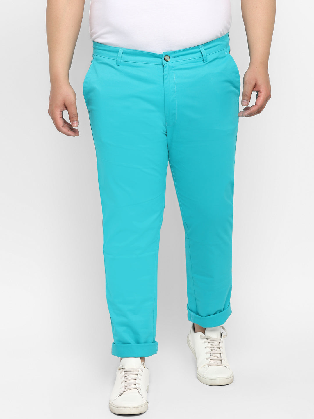 Plus Men's Turquoise Blue Cotton Regular Fit Casual Chinos Trousers Stretch