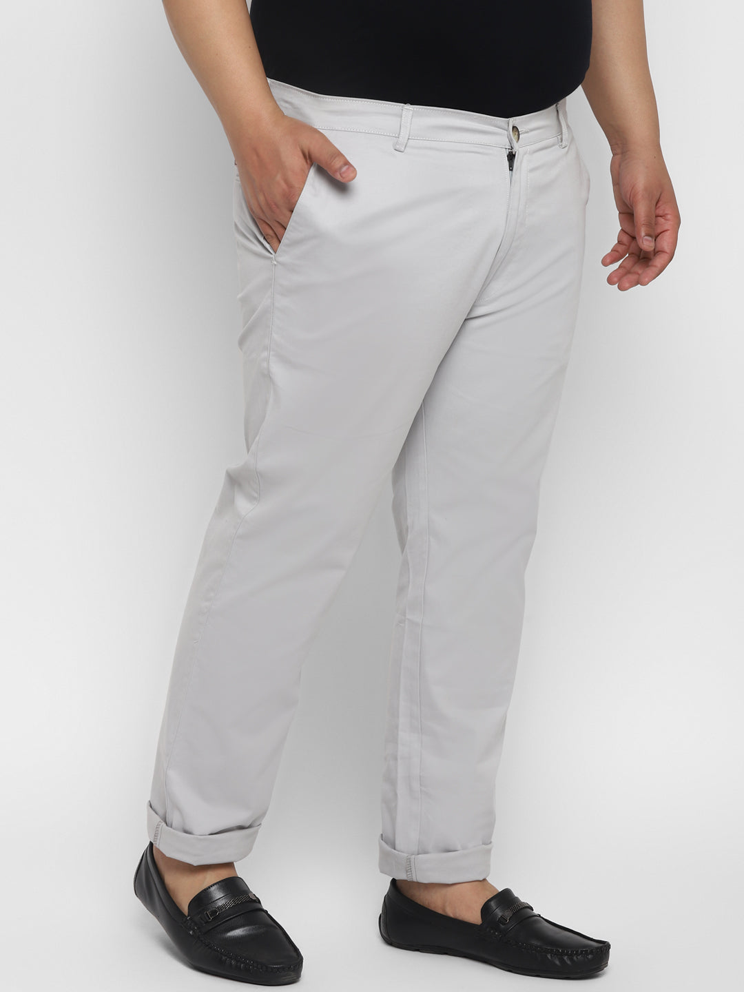 Plus Men's White Grey Cotton Regular Fit Casual Chinos Trousers Stretch