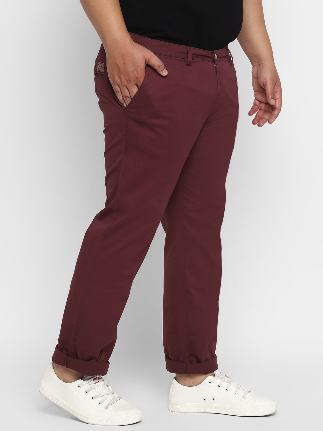 Plus Men's Wine Cotton Regular Fit Casual Chinos Trousers Stretch