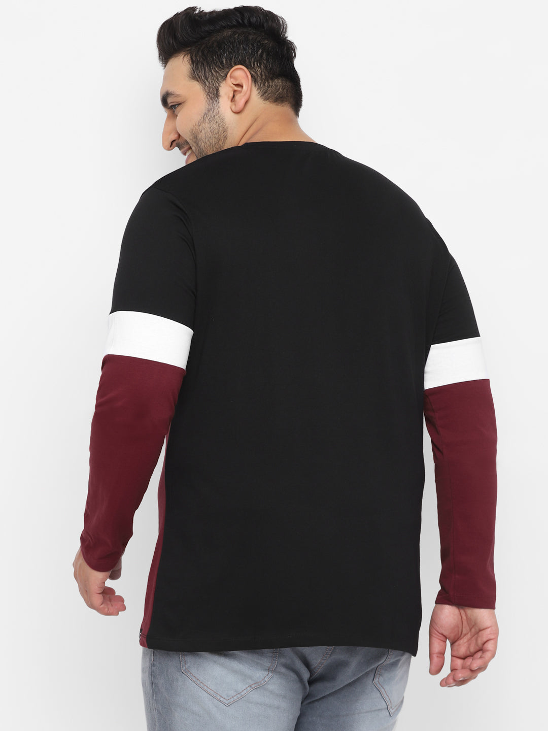Plus Men's Black, White, Maroon Color-Block Regular Fit Full Sleeve Cotton T-Shirt