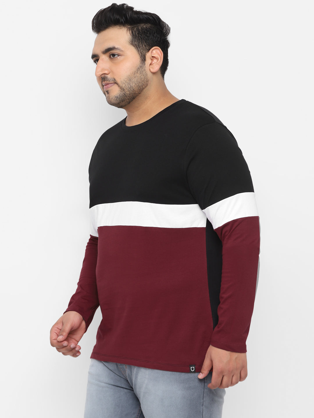 Plus Men's Black, White, Maroon Color-Block Regular Fit Full Sleeve Cotton T-Shirt