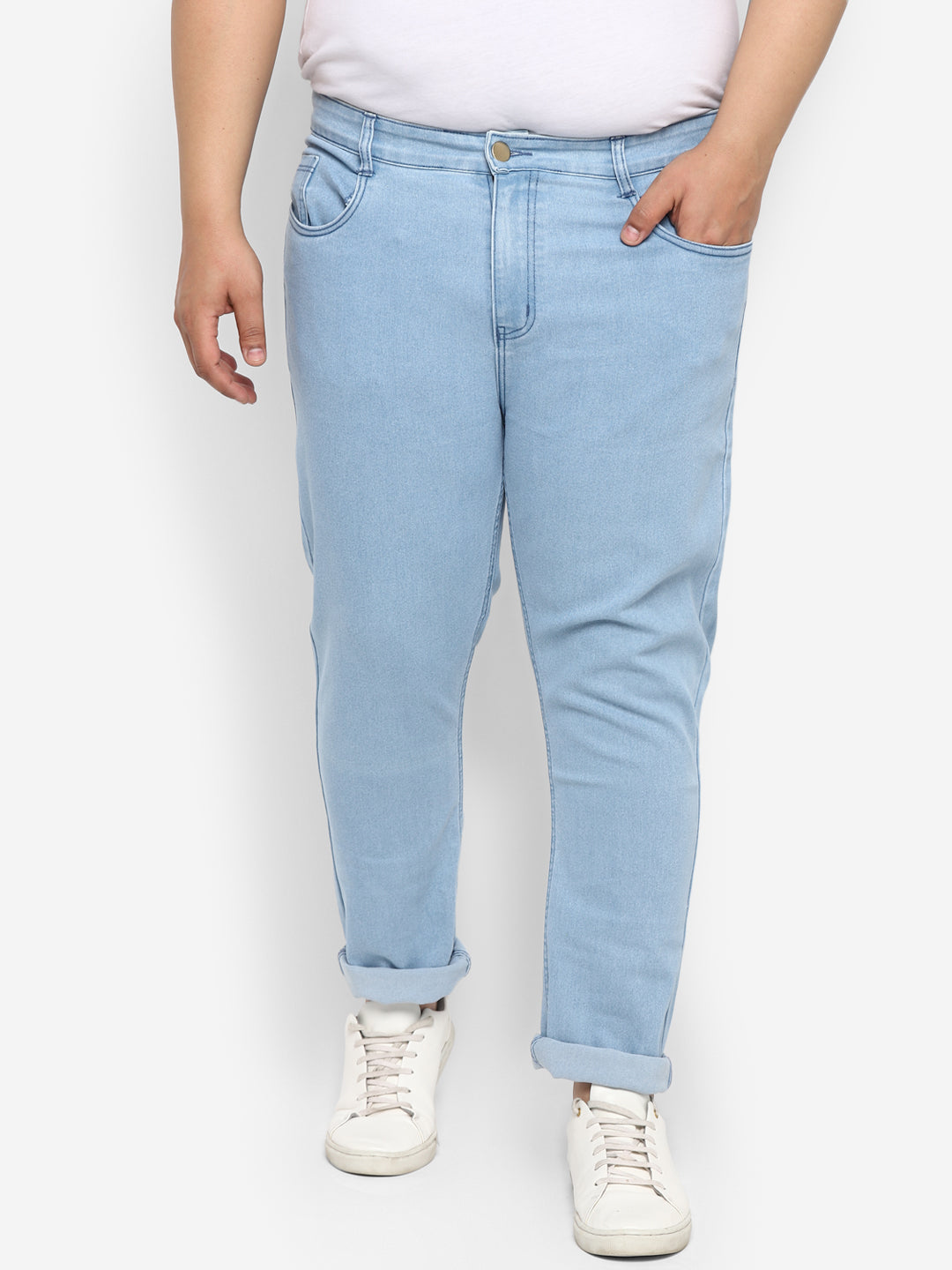 Plus Men's Ice Blue Regular Fit Solid Jeans Stretchable