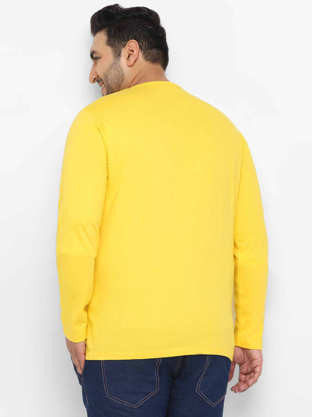 Plus Men's Mustard Solid Henley Neck Regular Fit Full Sleeve Cotton T-Shirt