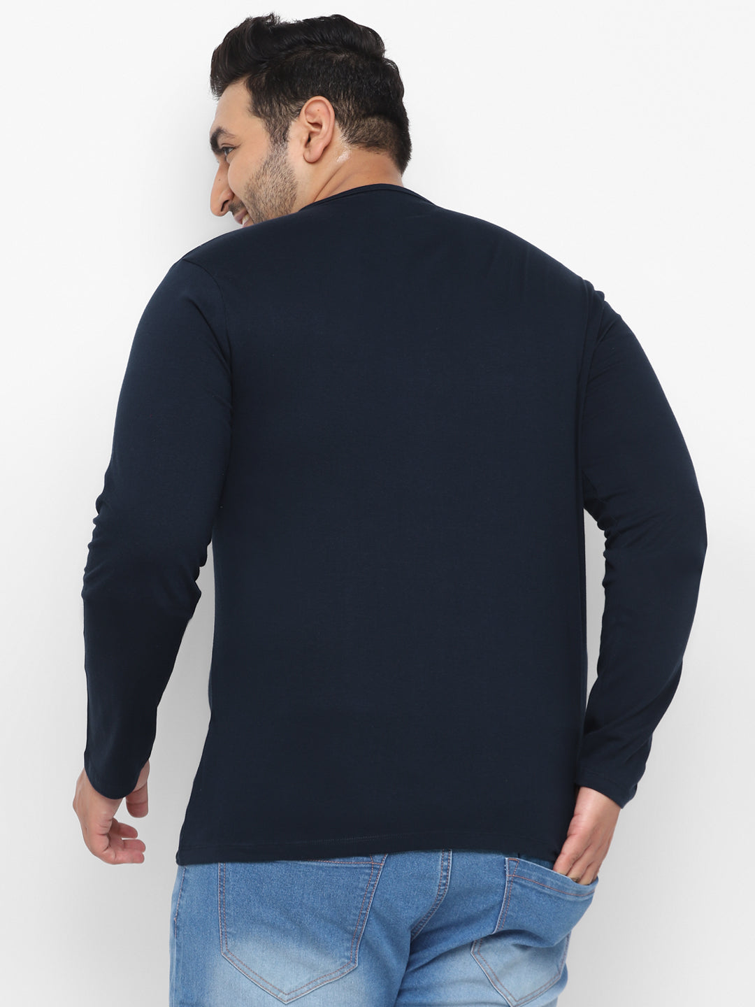 Urbano Plus Men's Navy Blue Solid Henley Neck Regular Fit Full Sleeve Cotton T-Shirt