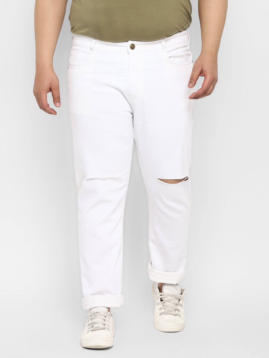 Urbano Plus Men's White Regular Fit Knee Slit Distressed Jeans Stretchable