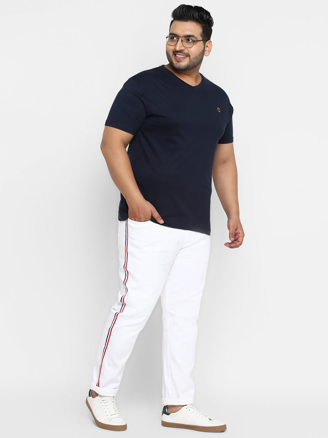 Plus Men's White Regular Fit Side Striped Denim Jeans Stretchable