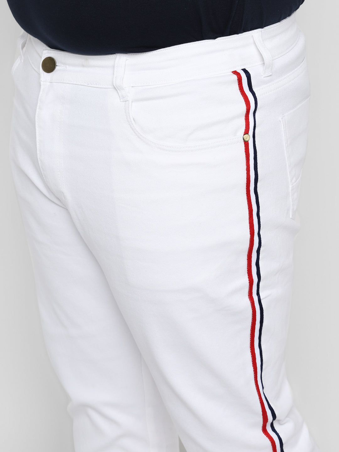 Plus Men's White Regular Fit Side Striped Denim Jeans Stretchable