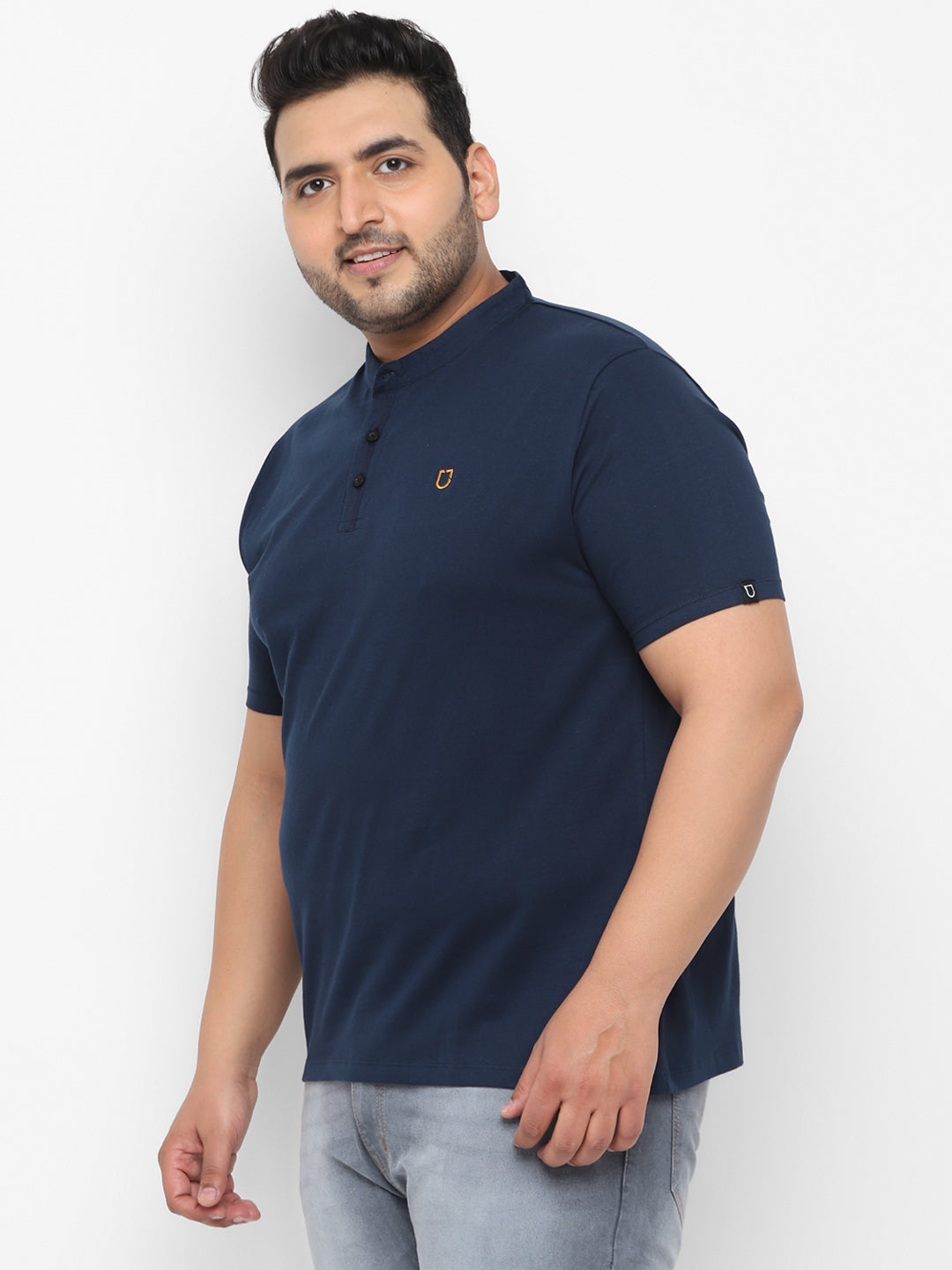 Plus Men's Navy Blue Solid Mandarin Collar Regular Fit Cotton T-Shirt