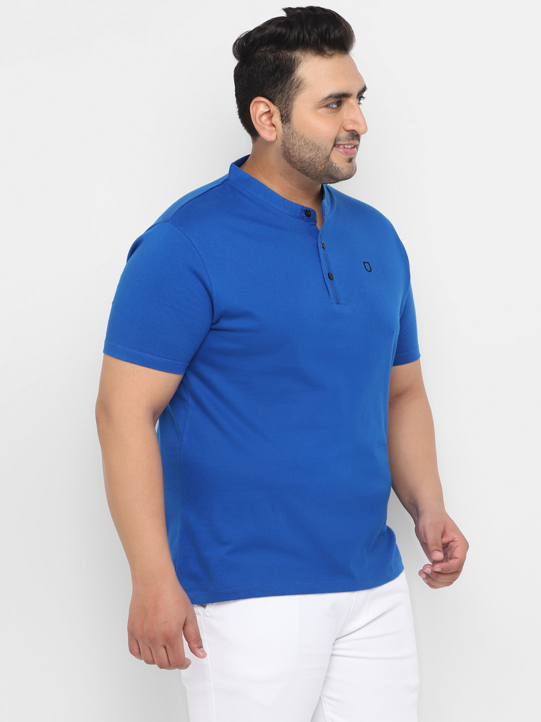 Urbano Plus Men's Royal Blue Solid Mandarin Collar Regular Fit Cotton T-Shirt