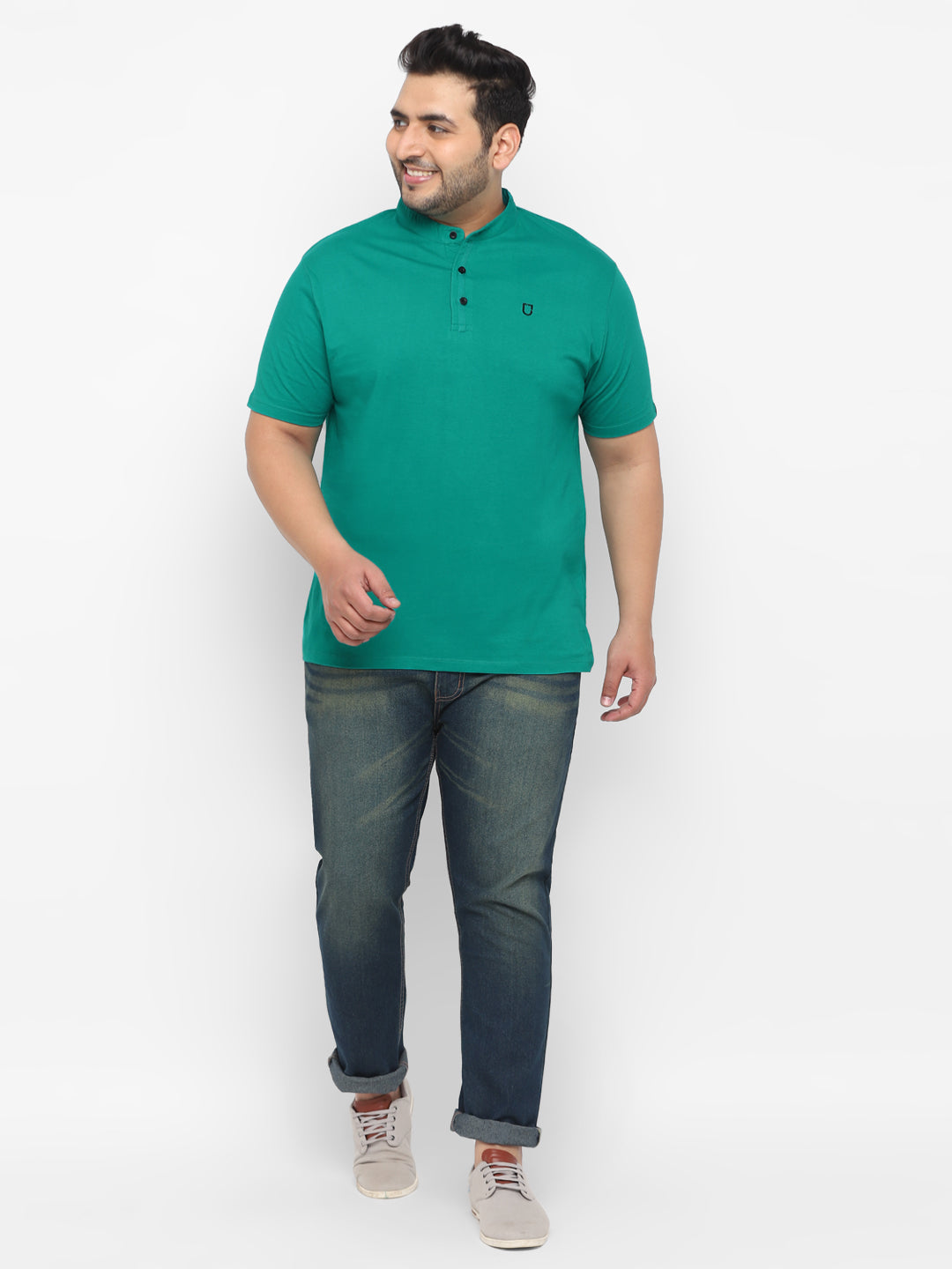 Urbano Plus Men's Teal Green Solid Mandarin Collar Regular Fit Cotton T-Shirt
