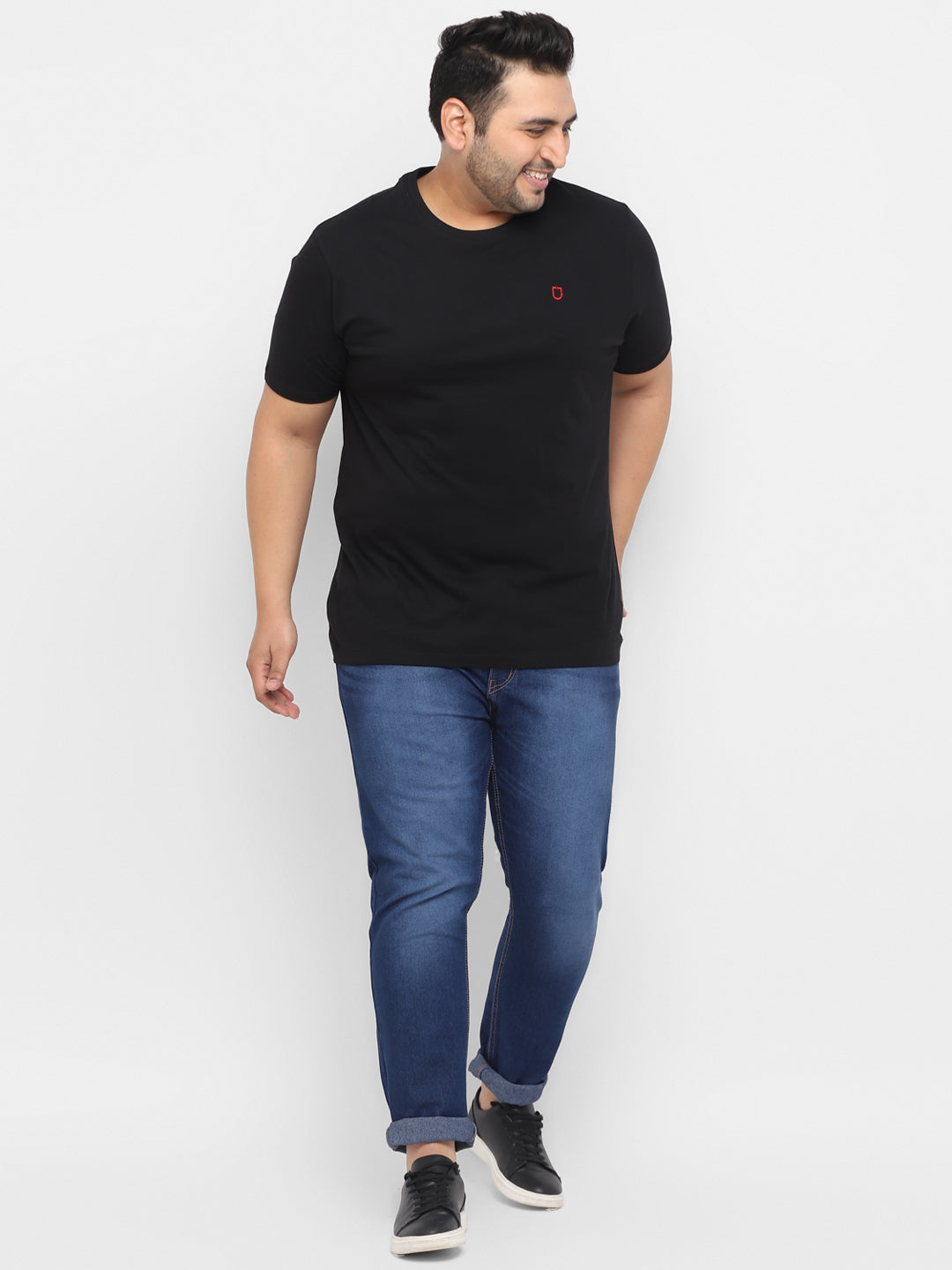 Plus Men's Black Solid Regular Fit Round Neck Cotton T-Shirt