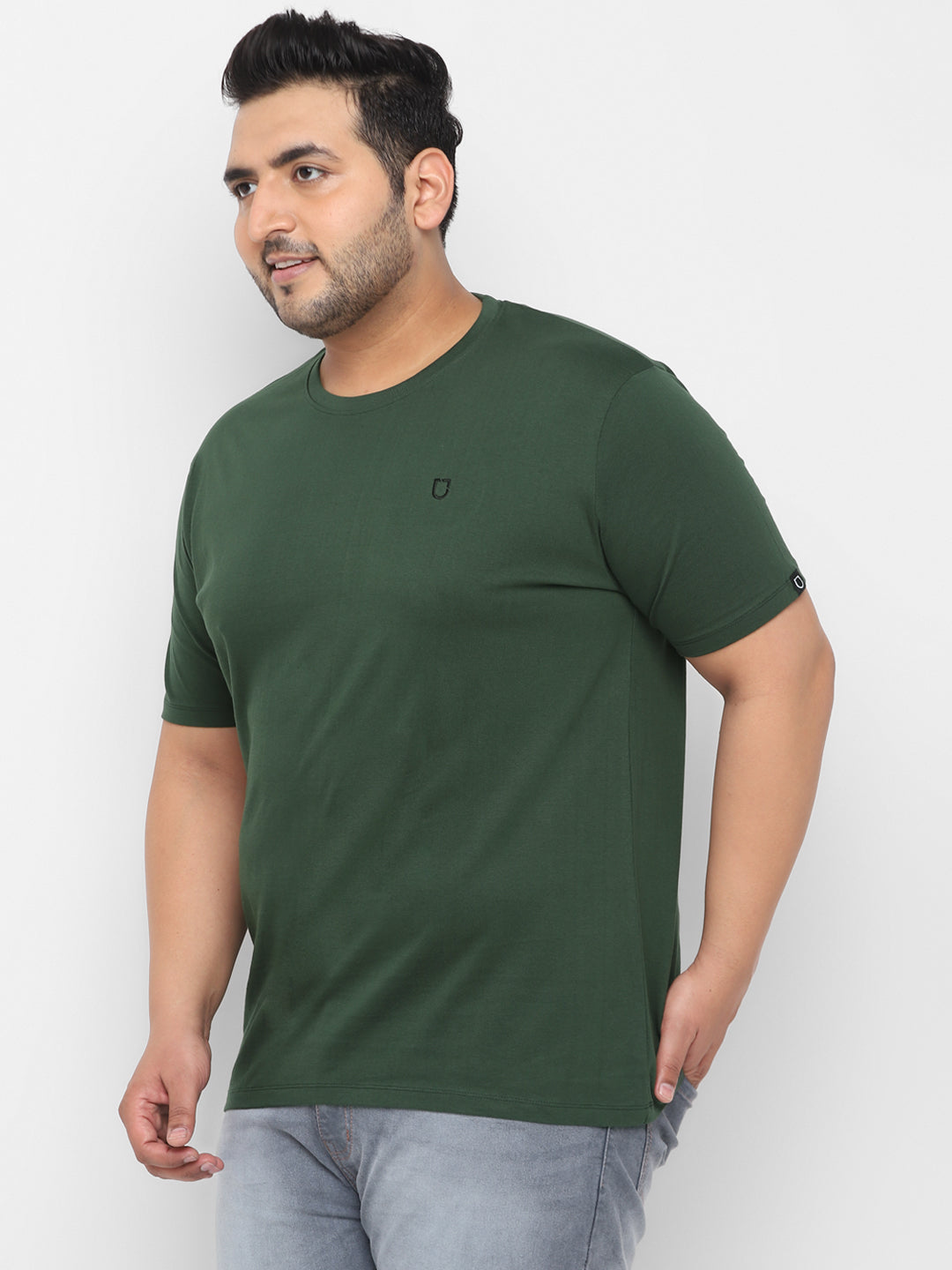 Plus Men's Dark Green Solid Regular Fit Round Neck Cotton T-Shirt ...