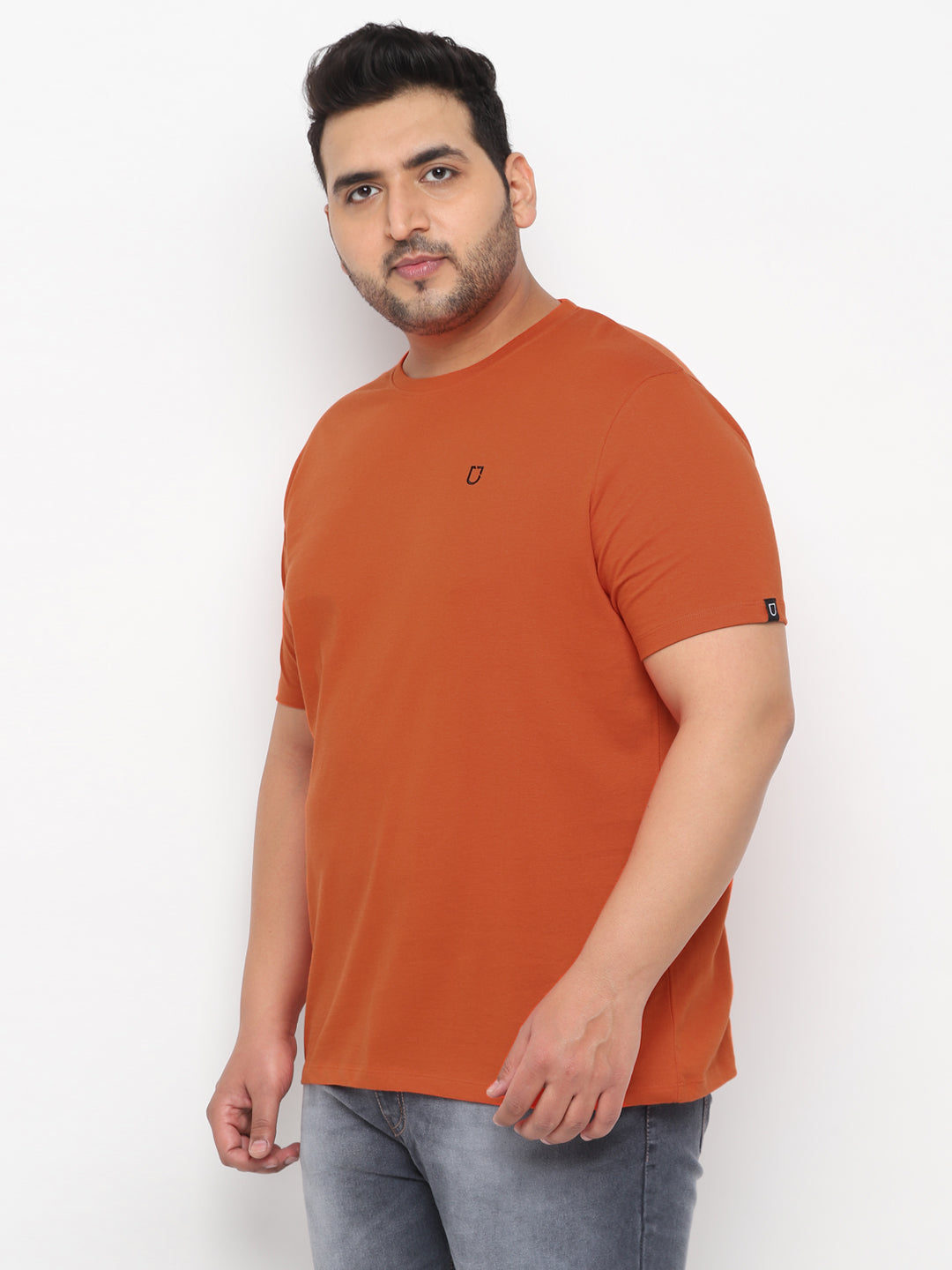 Plus Men's Orange Solid Regular Fit Round Neck Cotton T-Shirt