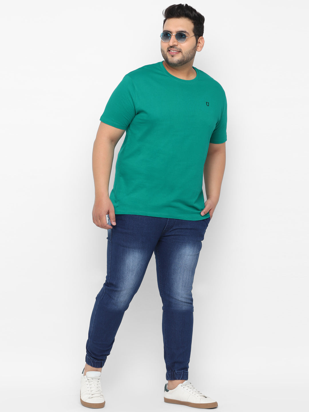 Plus Men's Teal Green Solid Regular Fit Round Neck Cotton T-Shirt