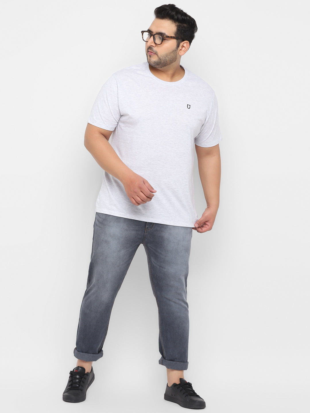 Plus Men's White Melange Solid Regular Fit Round Neck Cotton T-Shirt