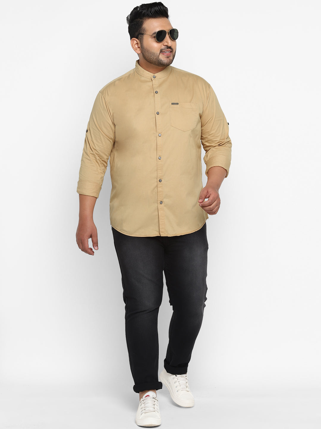 Plus Men Khaki Solid Cotton Casual Shirt