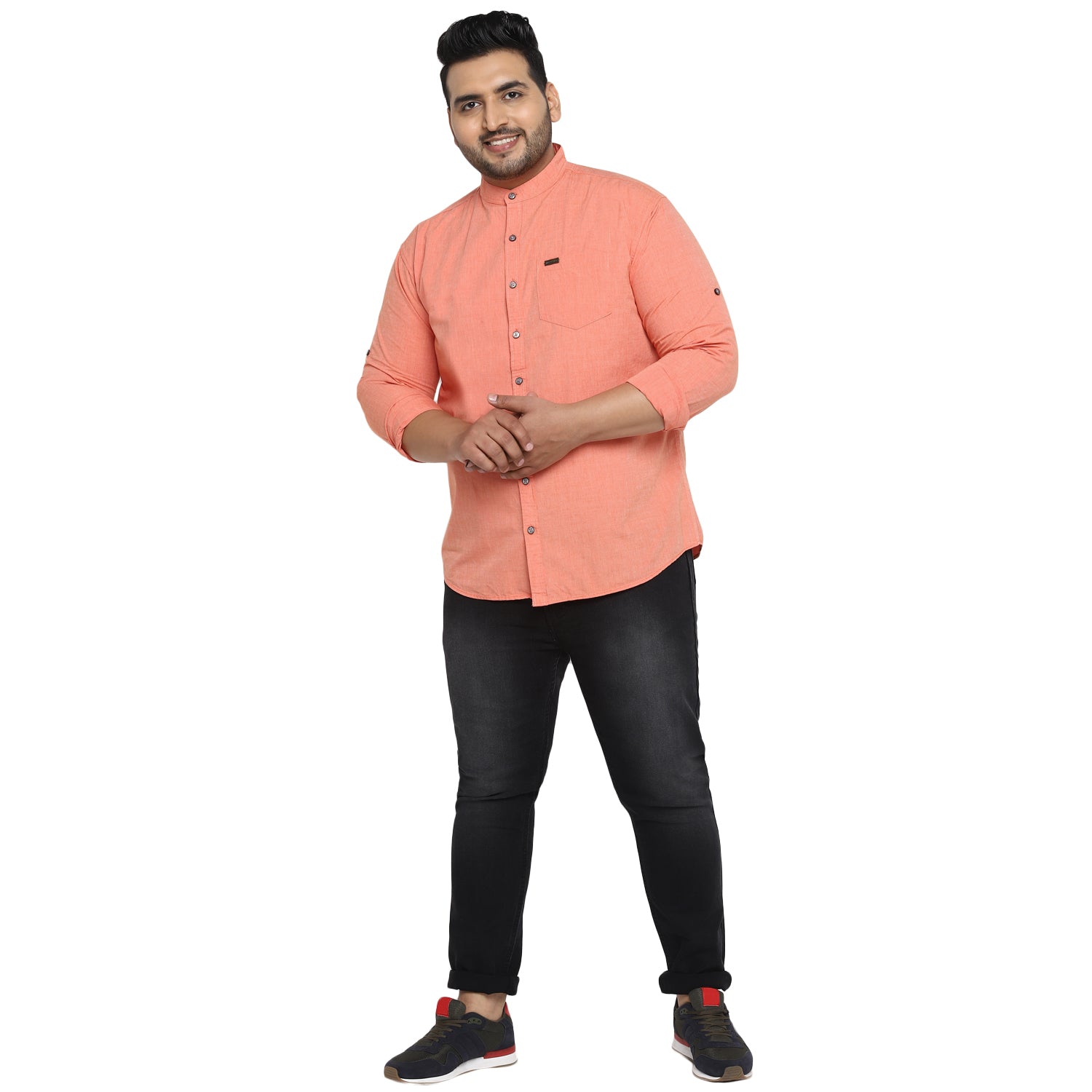 Plus Men Orange Solid Cotton Casual Shirt