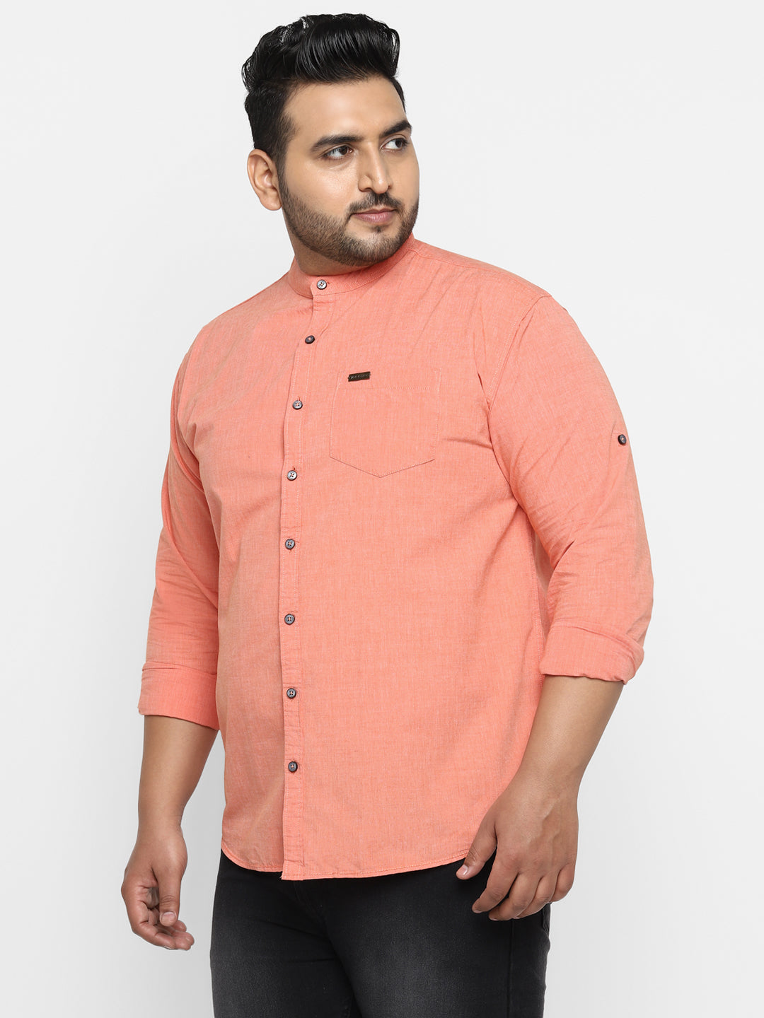 Plus Men Orange Solid Cotton Casual Shirt