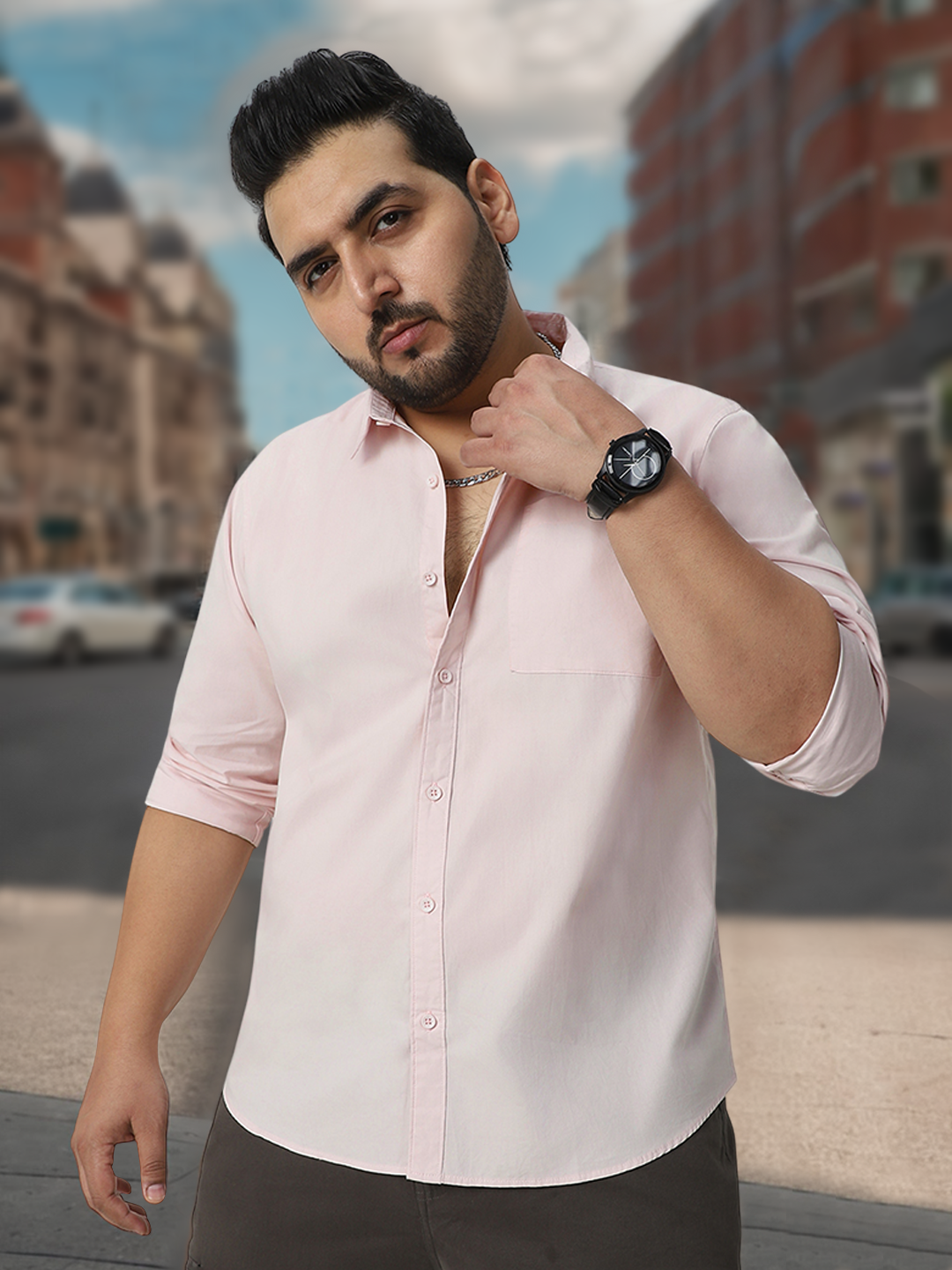 Plus Men's Baby Pink Cotton Full Sleeve Regular Fit Casual Solid Shirt