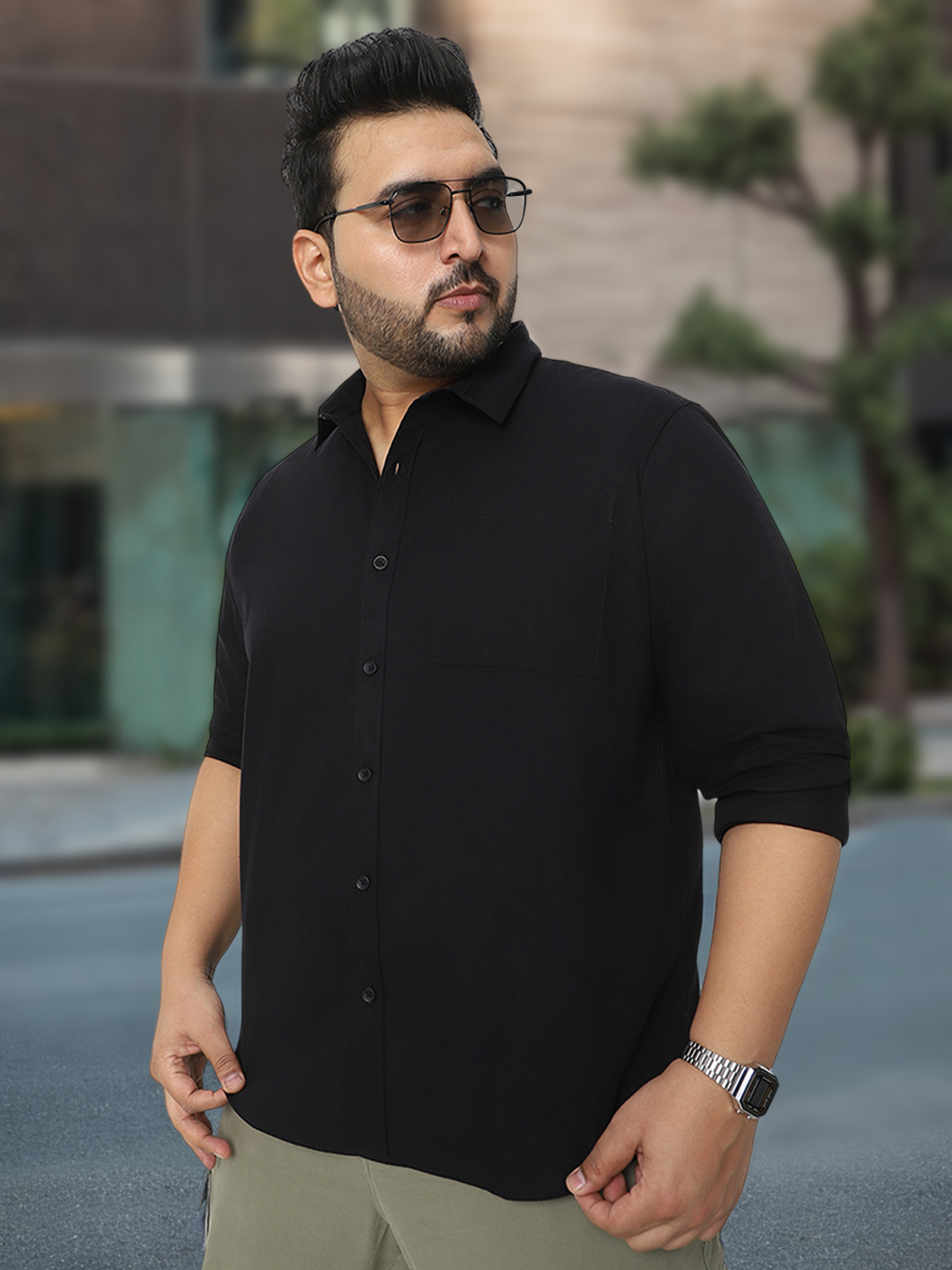 Plus Men's Black Cotton Full Sleeve Regular Fit Casual Solid Shirt