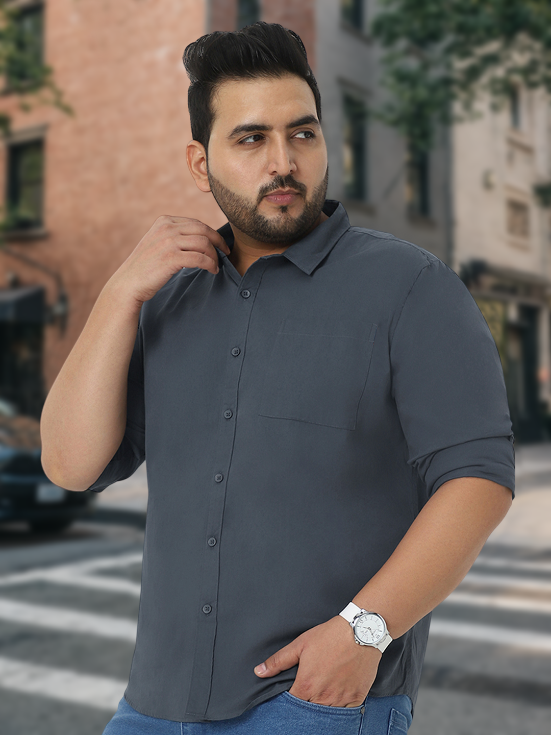 Plus Men's Dark Grey Cotton Full Sleeve Regular Fit Casual Solid Shirt