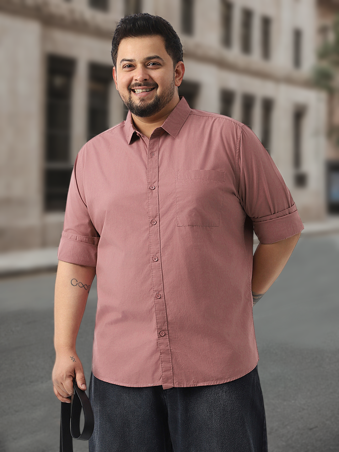 Plus Men's Dusty Pink Cotton Full Sleeve Regular Fit Casual Solid Shirt