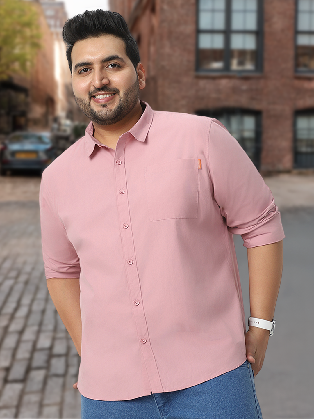 Plus Men's Pink Cotton Full Sleeve Regular Fit Casual Solid Shirt
