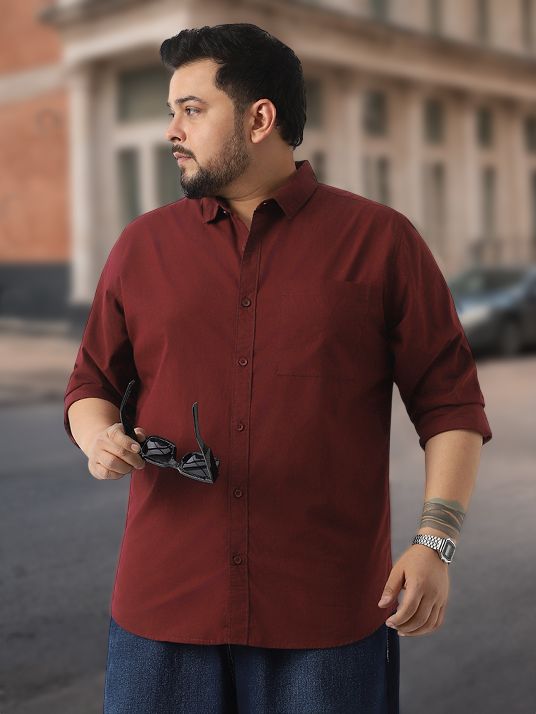 Plus Men's Maroon Cotton Full Sleeve Regular Fit Casual Solid Shirt