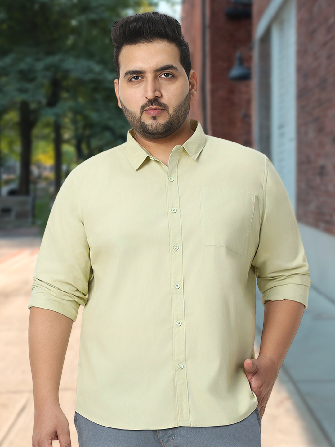 Plus Men's Pastel Green Cotton Full Sleeve Regular Fit Casual Solid Shirt