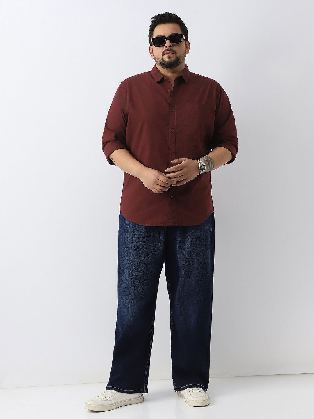 Plus Men's Maroon Cotton Full Sleeve Regular Fit Casual Solid Shirt
